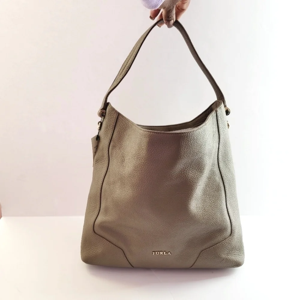 Furla Pebbled Leather Hobo Bag Beige